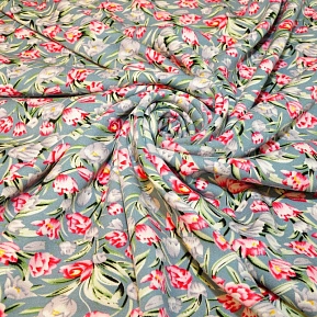 Штапель "Твил" Тюльпаны на голубом фоне