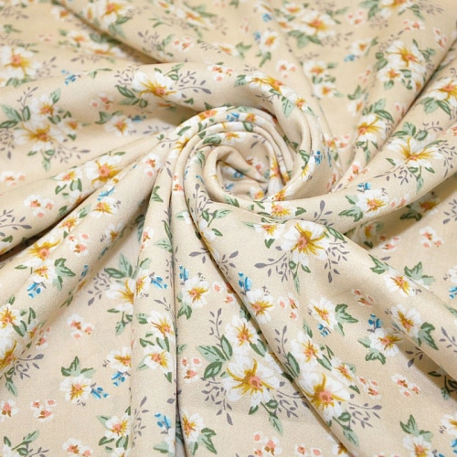 Штапель принт 23 цветочки на фоне светлый беж