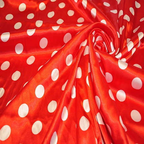 Атлас тонкий принт (красный фон белый горох 2,5см)