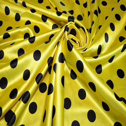 Атлас тонкий принт (желтый фон черный горох 2,5 см)