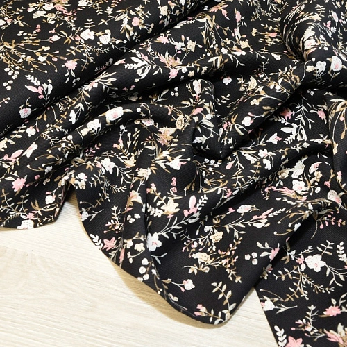 Штапель "Твил" "Веточки с цветами на черном фоне"