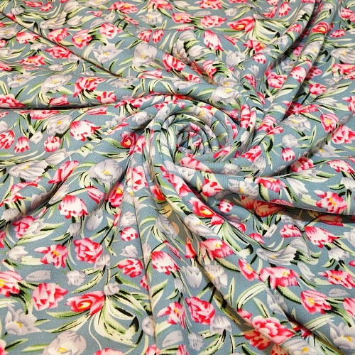 Штапель "Твил" Тюльпаны на голубом фоне