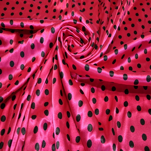 Атлас тонкий принт (малиновый фон черный горох 1см)