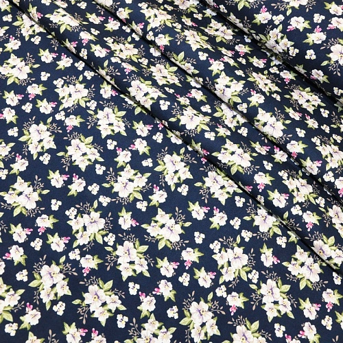 Штапель принт 23 цветочки на синем фоне