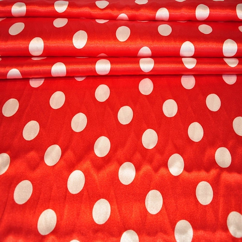 Атлас тонкий принт (красный фон белый горох 2,5см)