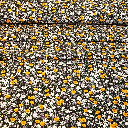 Штапель принт "Оранжевые цветочки на черном фоне"