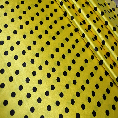 Атлас тонкий принт (желтый фон черный горох 1см)