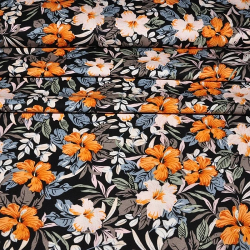 Штапель "Твил" "Лилии на черном фоне"