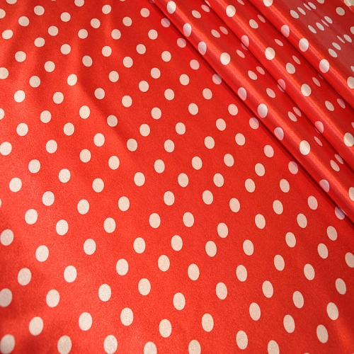 Атлас тонкий принт (красный фон белый горох 1см)