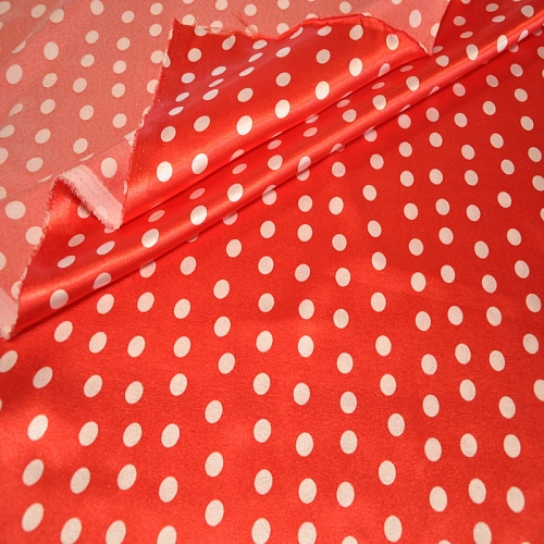 Атлас тонкий принт (красный фон белый горох 1см)
