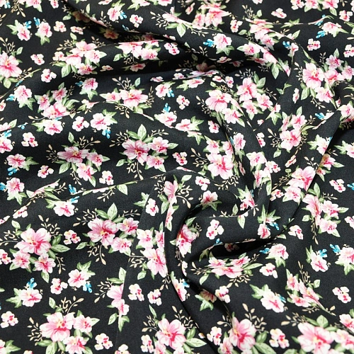 Штапель принт 23 цветочки на черном фоне