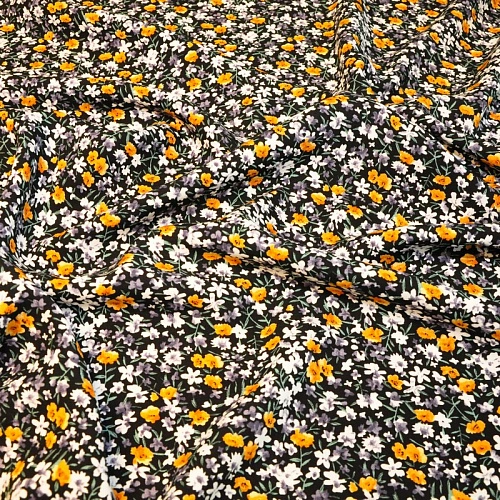Штапель принт "Оранжевые цветочки на черном фоне"