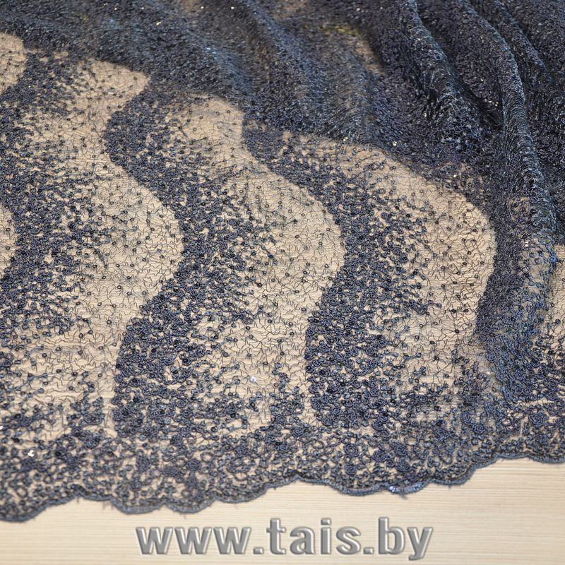 Вышивка на сетке с пайетками "Волна" (графит) скидки на ткани в Минске оптом и в розницу | Трикотаж tais.by