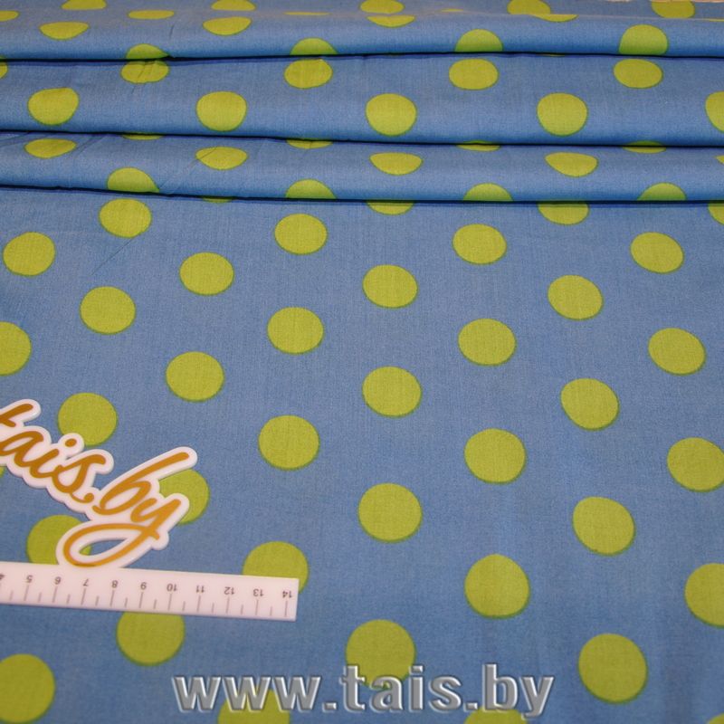 Штапель принт "Салатовый горох на голубом фоне"