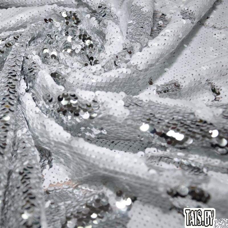 Пайеточная ткань двухцветная чешуя (белый с серебром) скидки на ткани в Минске оптом и в розницу | Трикотаж tais.by