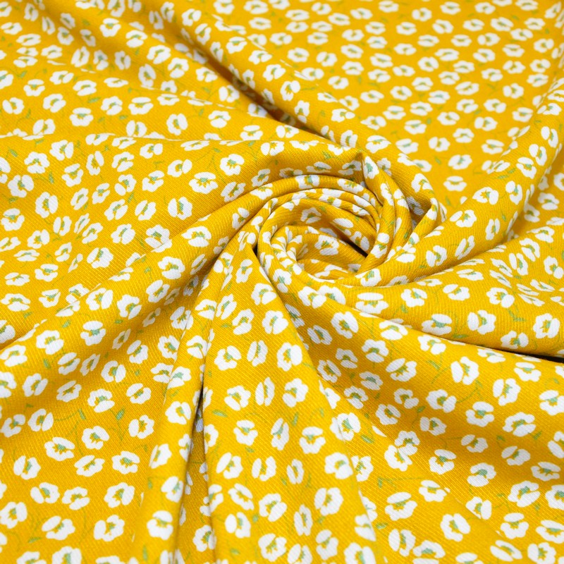 Штапель "Твил" Мелкий цветочек на горчичном фоне скидки на ткани в Минске оптом и в розницу | Трикотаж tais.by