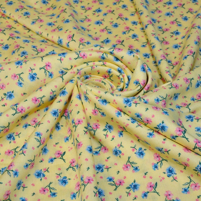 Штапель принт "Мелкий цветочек на желтом фоне " скидки на ткани в Минске оптом и в розницу | Трикотаж tais.by