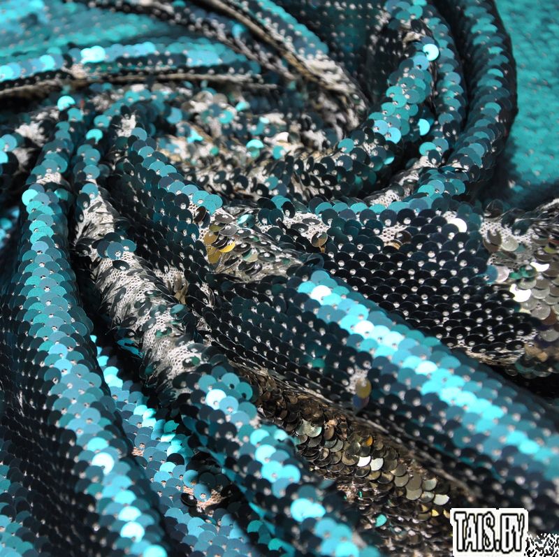 Пайеточная ткань двухцветная чешуя (бирюза с золотом)