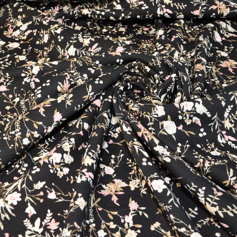 Штапель "Твил" "Веточки с цветами на черном фоне"