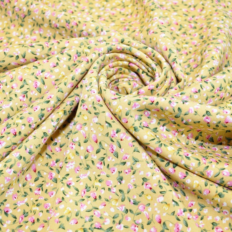 Штапель принт "Мелкий цветочек с веточками на желтом  фоне"