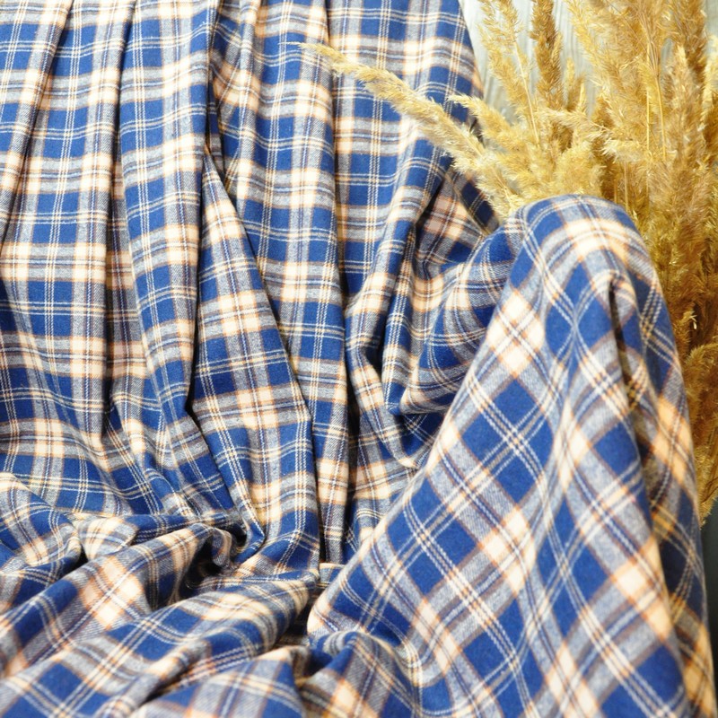 Ткань рубашечная фланель в клетку (синий +бежевый)