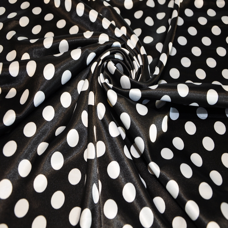 Атлас тонкий принт (черный фон белый горох 1,8см)