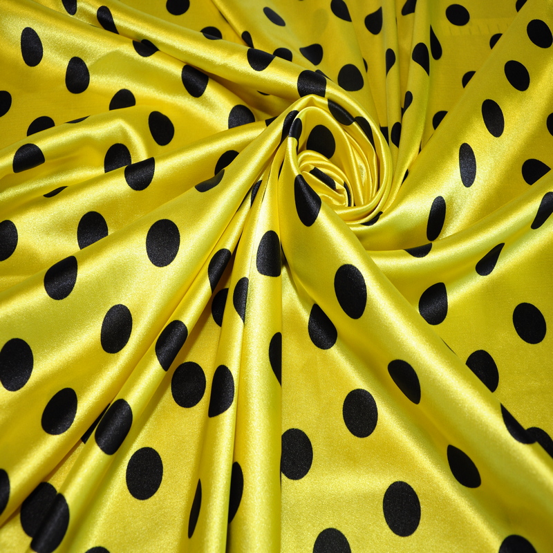 Атлас тонкий принт (желтый фон черный горох 2,5 см)