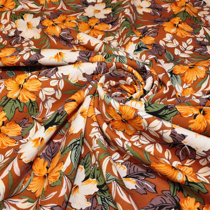 Штапель "Твил" "Лилии на теракотовом фоне" скидки на ткани в Минске оптом и в розницу | Трикотаж tais.by