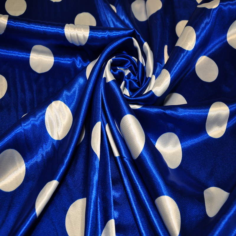 Атлас тонкий принт (васильковый фон белый горох 4см)