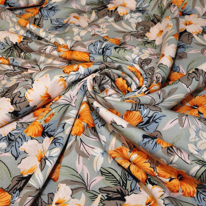 Штапель "Твил" "Лилии на серо-голубом фоне"