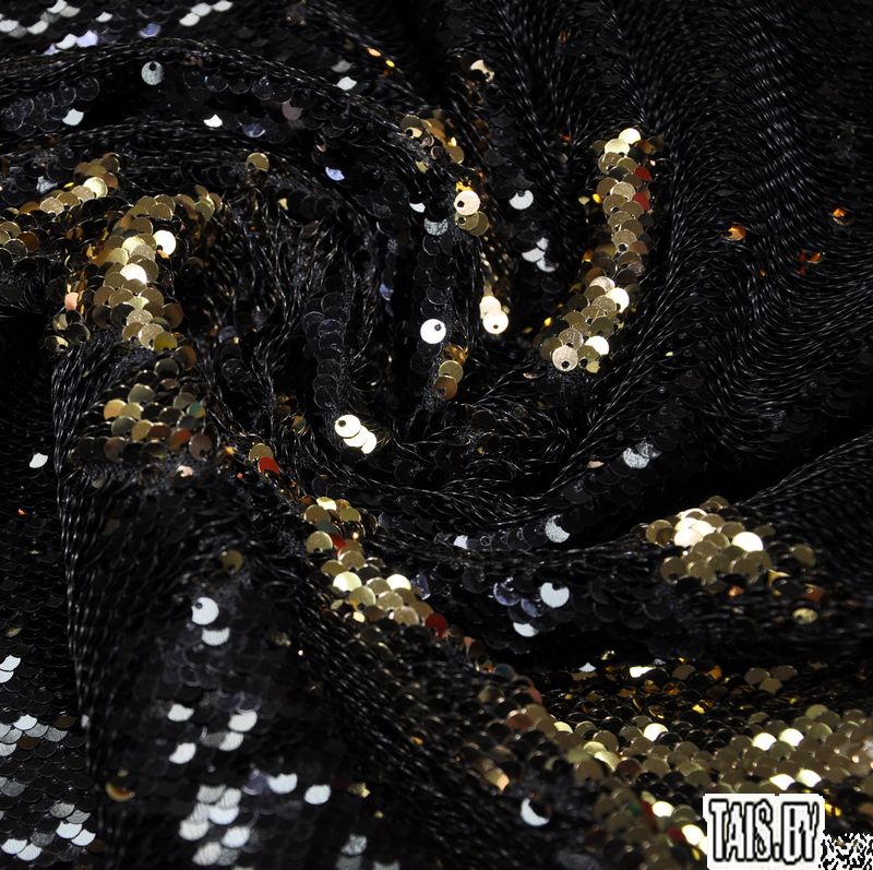 Пайеточная ткань двухцветная чешуя (черный с золотом) скидки на ткани в Минске оптом и в розницу | Трикотаж tais.by