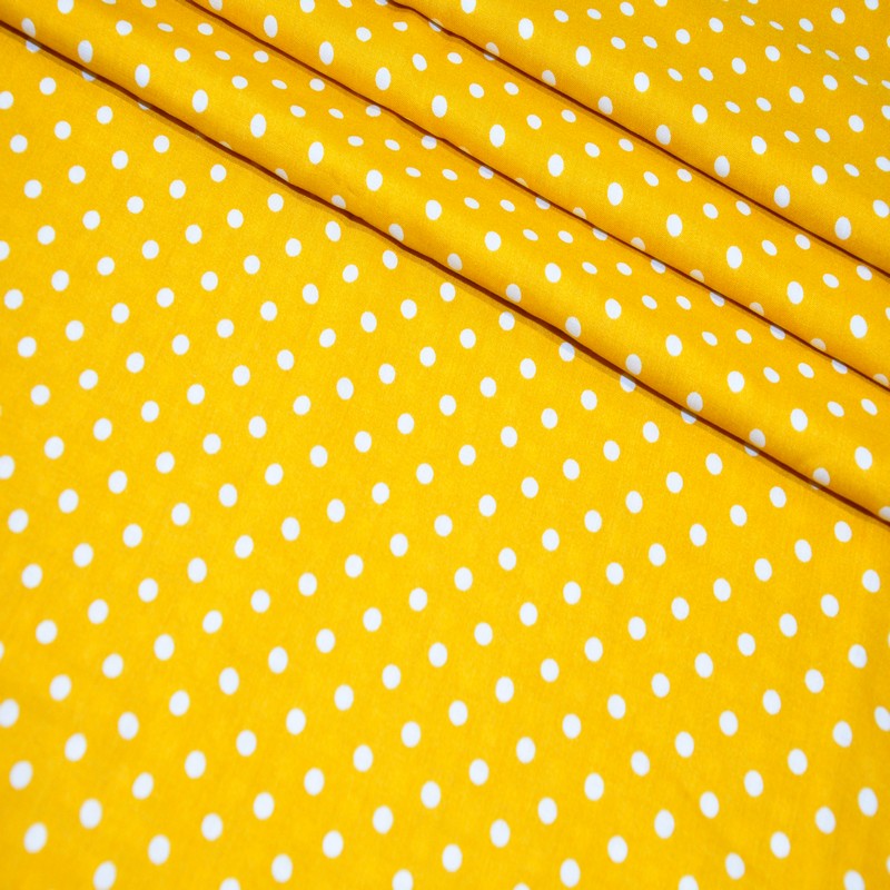 Штапель принт "Белый горох на горчичном фоне"