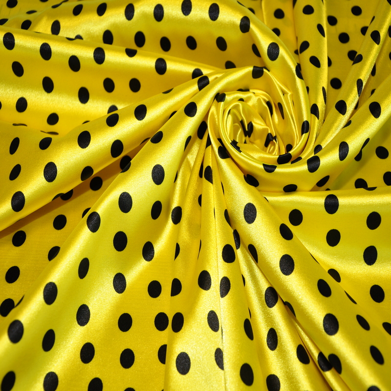 Атлас тонкий принт (желтый фон черный горох 1см)