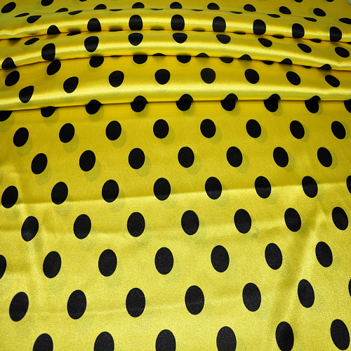Атлас тонкий принт (желтый фон черный горох 2,5 см)