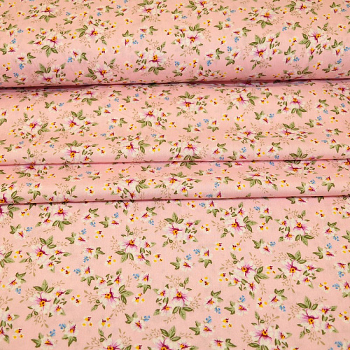 Штапель принт 23 цветочки на розовом фоне